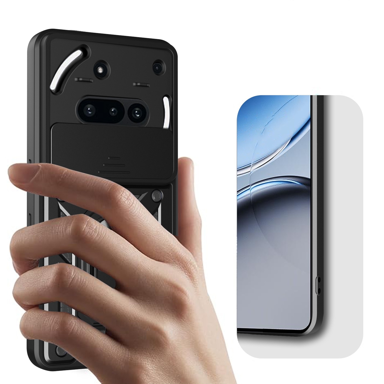 Husa telefon compatibila cu Nothing Phone (3a), Protectie Camera Slide and Snap Soft Premium, Magnetic Ring Holder, PopGrip, Anti-Shock, Rugged Protection, Negru