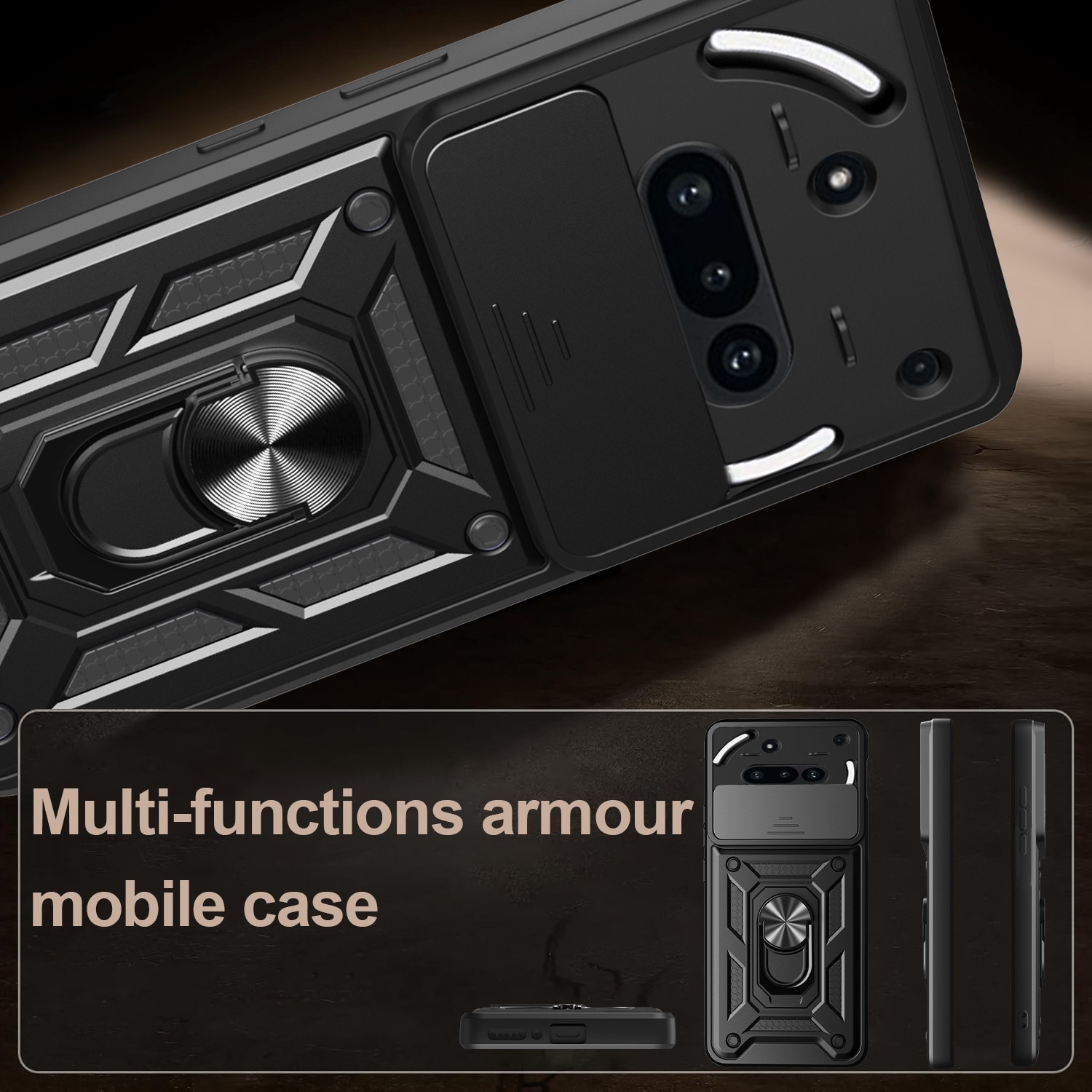 Husa telefon compatibila cu Nothing Phone (3a), Protectie Camera Slide and Snap Soft Premium, Magnetic Ring Holder, PopGrip, Anti-Shock, Rugged Protection, Negru