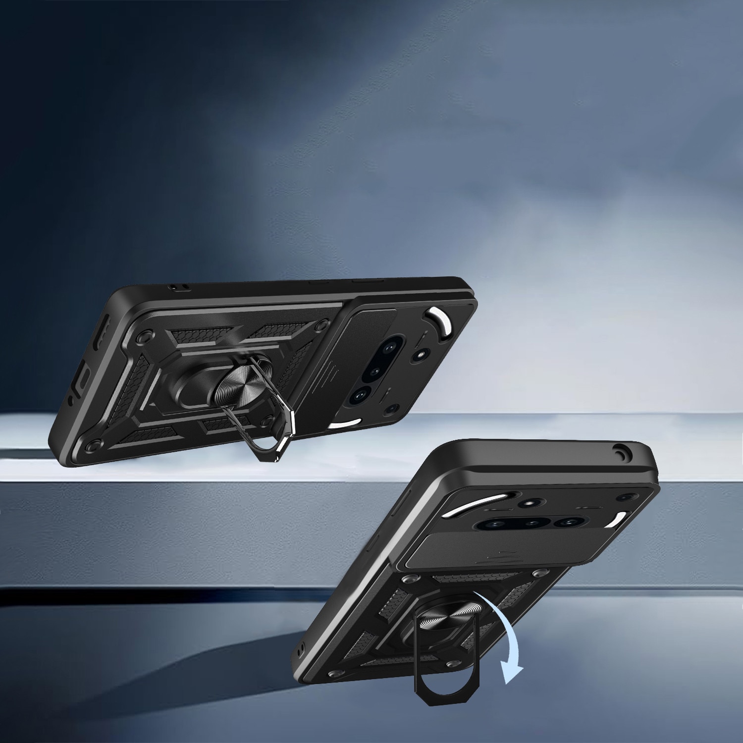 Husa telefon compatibila cu Nothing Phone (3a), Protectie Camera Slide and Snap Soft Premium, Magnetic Ring Holder, PopGrip, Anti-Shock, Rugged Protection, Negru