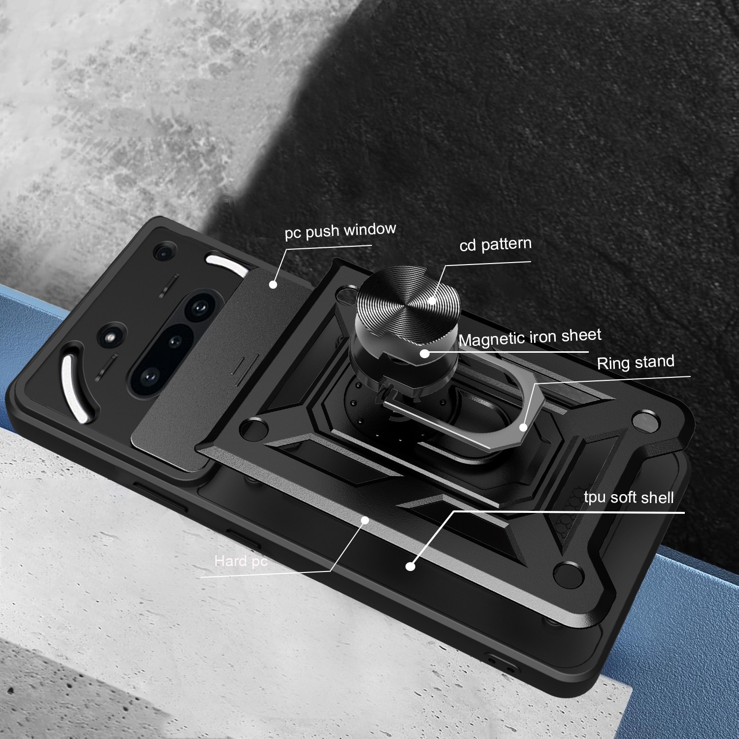 Husa telefon compatibila cu Nothing Phone (3a), Protectie Camera Slide and Snap Soft Premium, Magnetic Ring Holder, PopGrip, Anti-Shock, Rugged Protection, Negru