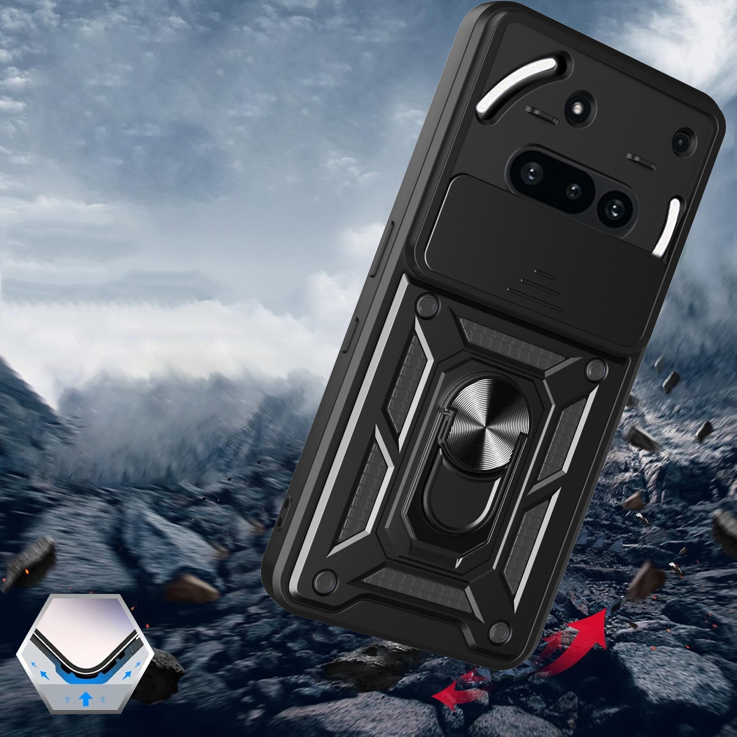 Husa telefon compatibila cu Nothing Phone (3a), Protectie Camera Slide and Snap Soft Premium, Magnetic Ring Holder, PopGrip, Anti-Shock, Rugged Protection, Negru