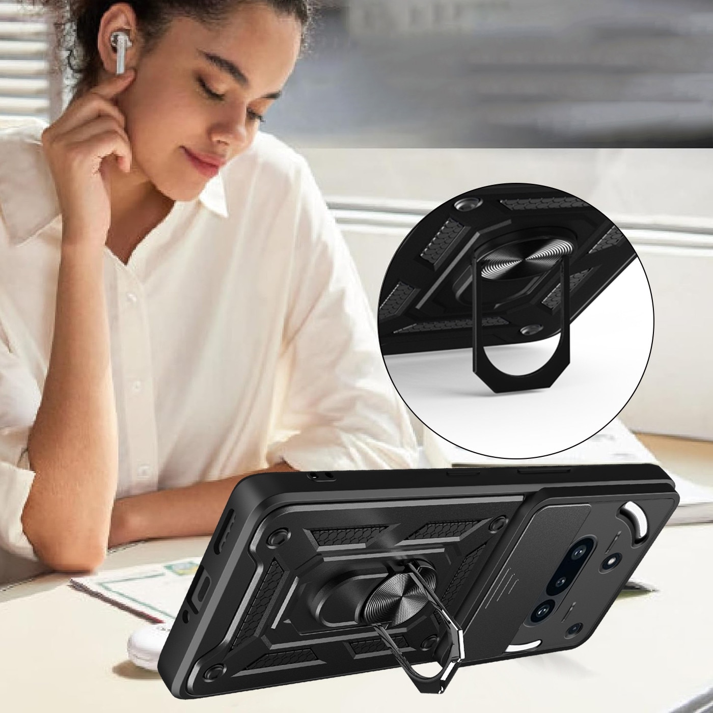 Husa telefon compatibila cu Nothing Phone (3a), Protectie Camera Slide and Snap Soft Premium, Magnetic Ring Holder, PopGrip, Anti-Shock, Rugged Protection, Negru