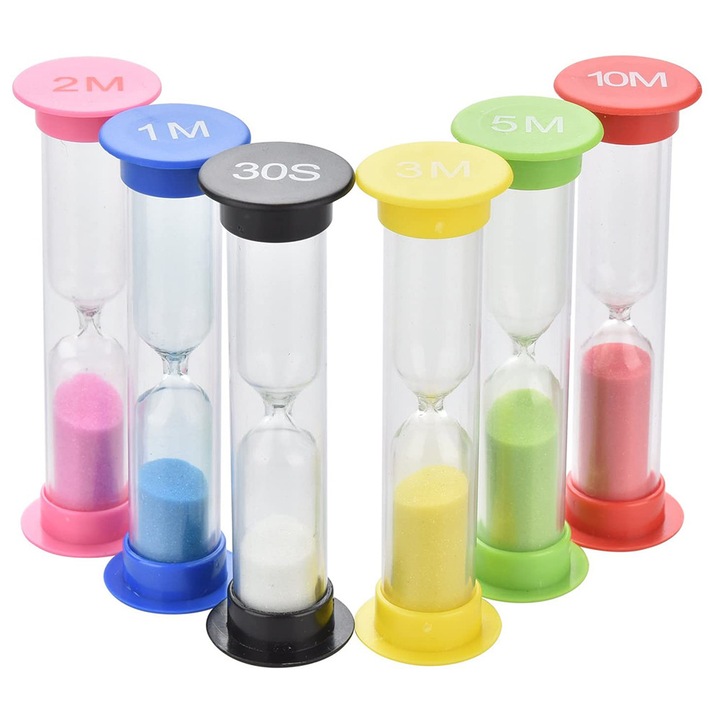 Set 6 bucati, clepsidre cronometre cu nisip 10 min/5 min/3 min/2 min/1 min/30 sec, din plastic durabil, cu cutie de depozitare, multicolor