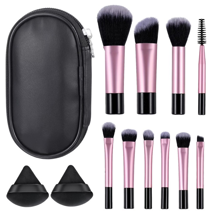 Set 10 Pensule de machiaj, BYONDSELF, Maner Scurt, 2 Bureti Si Husa de depozitare, 12.5x7x3 Cm, Roz/Negru