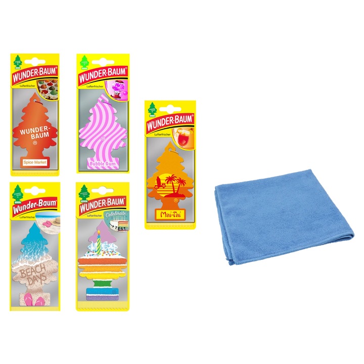 Комплект от 5 ароматизатора Wunder-Baum Mix Aromas и микрофибърна кърпа 30x40см