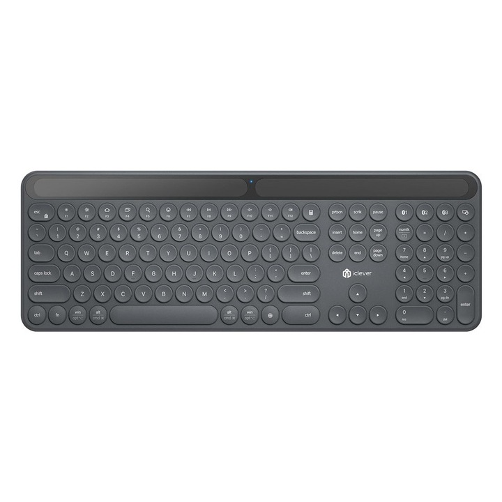 Соларна клавиатура iClever BK60, Bluetooth 5.0, зареждане със слънчева и вътрешна светлина, пълен размер, ергономична, свързаност до 3 устройства, кръгли тихи ножични клавиши