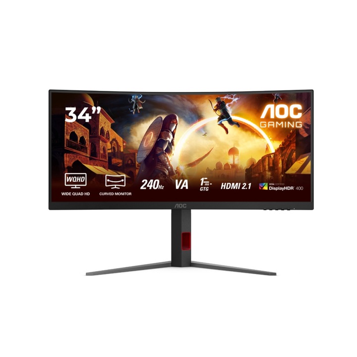 Monitor AOC CU34G4Z, 34” 1500R ívelt, VA, WLED, 3440x1440@240Hz, 1ms GtG, 0.3ms MPRT, 450cd m/2, 2500:1, 80M:1 DCR, Adaptive Sync, FlickerFree, Low Blue Light, Tilt, Magasságállítás, Pivot, Swivel, 2xHDMI, DP, USB hub CU34G4Z