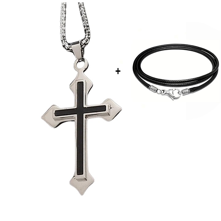 Colier Unisex, Danati™, cu Pandantiv Cruce Argintie si Negru, Dimensiunea 3 x 5,5 cm, din Otel Inoxidabil cu lant si snur din Piele Separat, 45-60cm