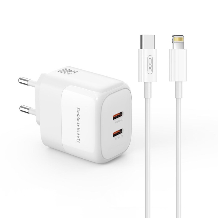Мрежово зарядно XO L140, 220V 35W, 2xUSB-C, кабел C-L, GaN Nitride, бял