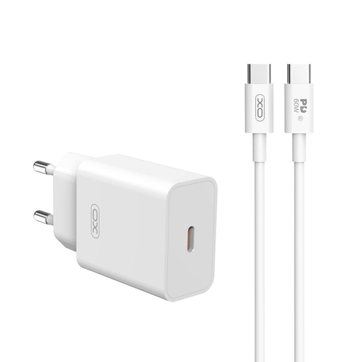 Мрежово зарядно XO L126, 220V 20W, USB-C, кабел C-C, бял