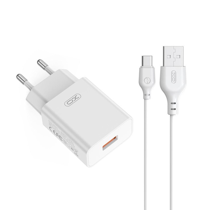 Мрежово зарядно XO L127, 220V 18W, USB-A, кабел A-C, бял