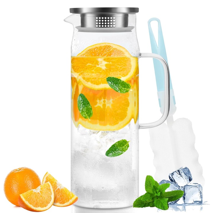 Бутилка за вода HERUSI 1500ml стъклена с капачка от неръждаема стомана, синя, четка за почистване