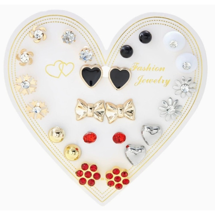 Set de 12 cercei stud cu perle false, margele rotunde si diamante, multicolor