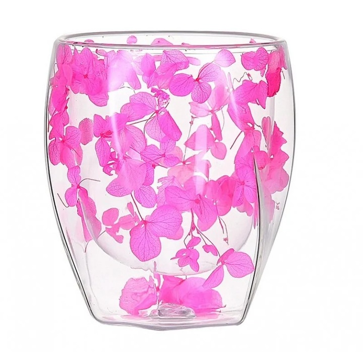 Üvegpohár, dupla falú, szárított virágok, rózsaszín hortenzia, 250 ml