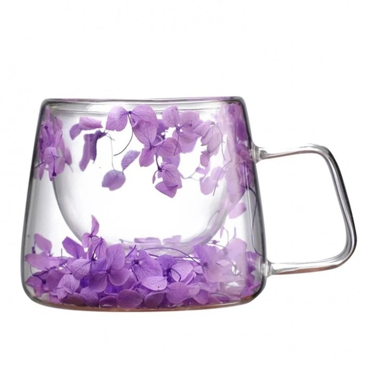 Чаша за сухи цветя, двойни стени, боросиликатно стъкло, топлоизолация, хортензия, 180 мл