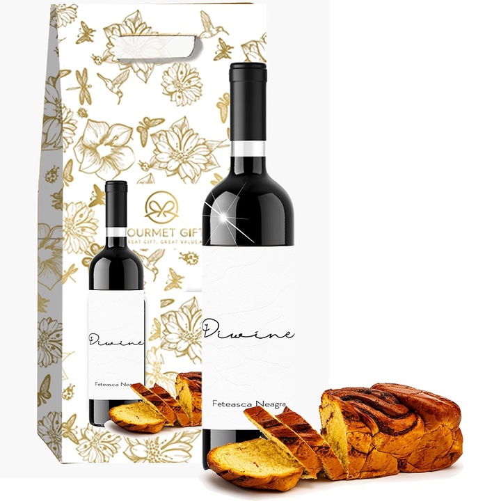 PACHET CADOU VIN SI COZONAC, Vin rosu Diwine 0.75l; Cozonac cu cacao si nuca 500g; Cutie cadou cu maner 26EMG4