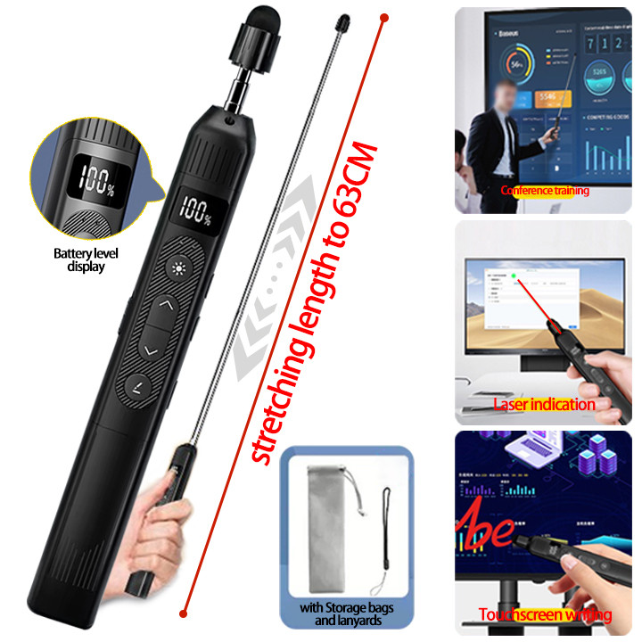 Prezentator wireless 5 in 1, Laser Pointer 656 FT, Cu indicator telescopic de 25 inchi, Cu stilou pentru ecran tactil si afisaj digital, Functie de cronometru, Reincarcabil Incarcare Telecomanda USB, Potrivit pentru majoritatea platformelor, Negru