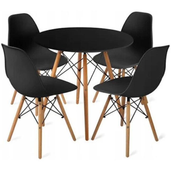 Комплект кръгла маса със столове, Just Sit, Черен, MDF/Бук, 80 см