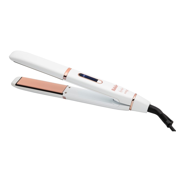 Placa de indreptat parul Fakir Lyric Song 20mm, Turmalina-ceramica (keratina), 5 trepte de temperatura (150°-230°C), Cablu 2m, Ecran LED, Rotire 360, Roz/Alb