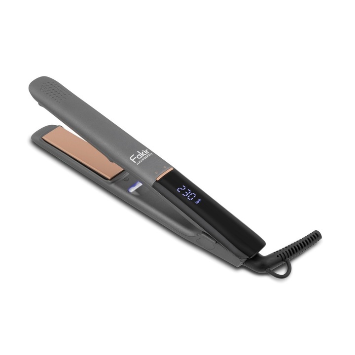 Placa de indreptat parul Fakir Ion Fusion, Ceramica cu ulei de Argan, Ionizare Nano Water, 10 setari temp. (140°C-230°C), LCD, Memorie temp., Cablu rotativ 360°, Husa inclusa, Antracit