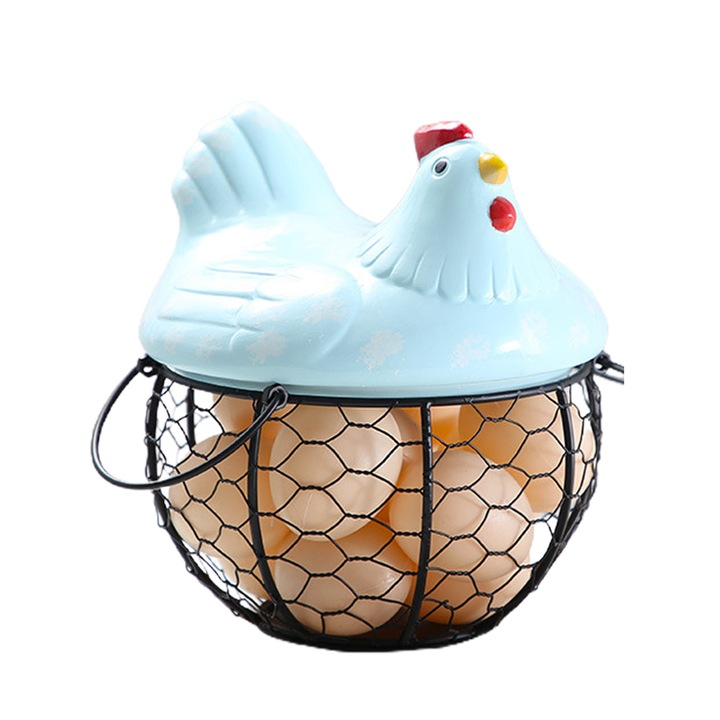 Cos oua metalic cu capac ceramic gaina negru 10x16cm