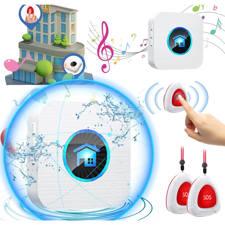 Sistem de alarma fara fir, Puepoul, 1 receptor inteligent, 2 butoane de panica, IP55, Pentru monitorizarea persoanelor varstnice, Sistem de apel pentru asistenta personala/in caz de urgenta pentru acasa, Alb