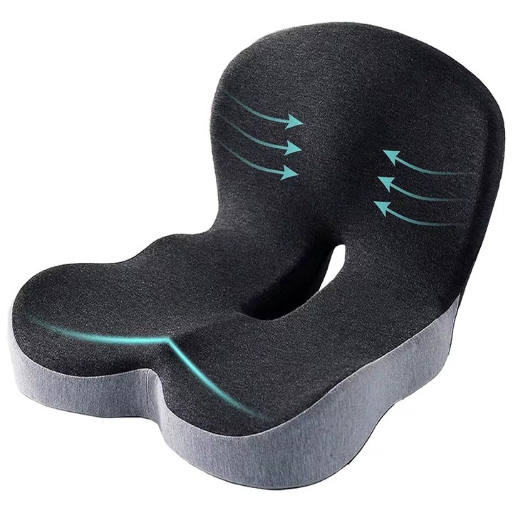 Suport Ortopedic Pentru Scaun Cu Sustinere Lombara, 60D, BYONDSELF®, Potrivit Pentru Scaune De Birou Sau Auto, Cu Husa Detasabila, Sustinere Pentru Coccis, Gri Inchis