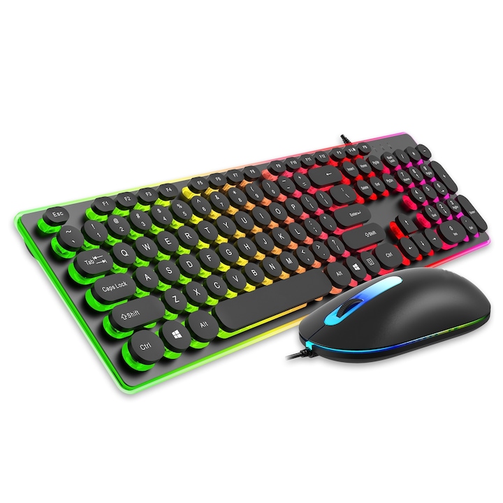 Set tastatura si mouse cu fir, 104 taste, iluminare RGB, USB, negru