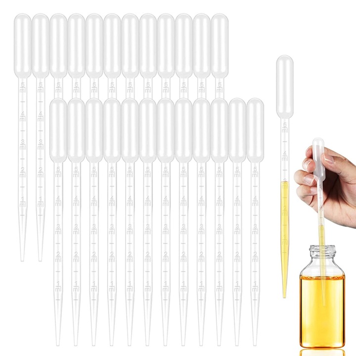 Set 100 bucati pipete gradate de unica folosinta, Axroad Mall, Pipete de transfer din plastic cu gradatie pana la 5 ml, Pentru transfer de lichide, Pentru testarea apei si laborator si ulei esential, Transparent