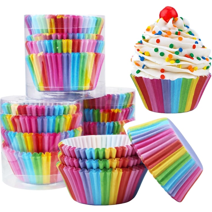 Set 200 de hartie pentru briose, Axroad Mall, Forme cupcakes unica folosinta, Rezistente la temperaturi inalte, Rezistente la grasimi si stick, BPA free, Pentru coacerea brioselor, prajituri, Hartie, 6.8*5*3.2cm, Multicolor
