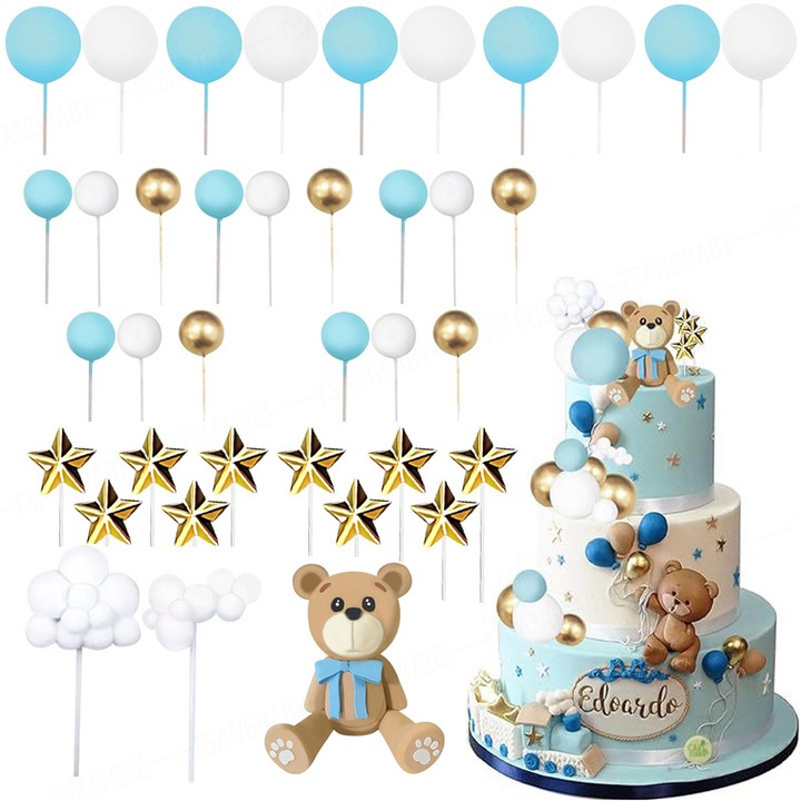 Set de 38 piese decor pentru tematica Teddy Bear – Decor pentru tort, stele, norisori – Potrivit pentru baieti, fete si bebelusi – Decor de zi de nastere (Set Albastru cu Ursuleti)