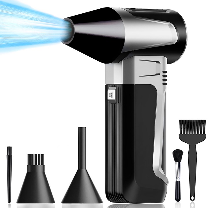 Suflanta Aer Portabila, cu Turbo Fan, BYONDSELF®, 130000RPM, Motor Fara Perii, 52M/s, 3 Viteze, 3 Duze, 3 Capete de Perie, Baterie 3000mAh, pentru Auto, Curatarea Tastaturii, PC, Frizerie, Negru