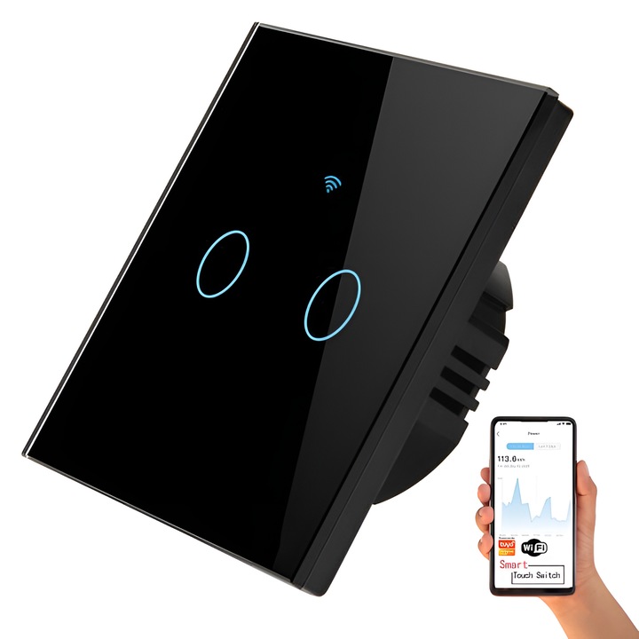 Intelligens kapcsoló, Tuya Smart Life, Home Light Switch, APP hangvezérlés, wi-fi 2, 4GHz+bluetooth, N+L, 2 gomb, kompatibilis az Alexával és a Google asszisztenssel, biztonsági üveg, fekete