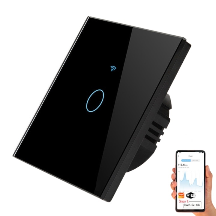 Smart wifi kapcsoló, tuya smart life, érintés, Home Light Switch APP hangvezérléssel, wi-fi 2, 4GHz+bluetooth, 1 gomb, N+L, amazon alexa és google asszisztens, 1 gomb, biztonsági üveg, fekete