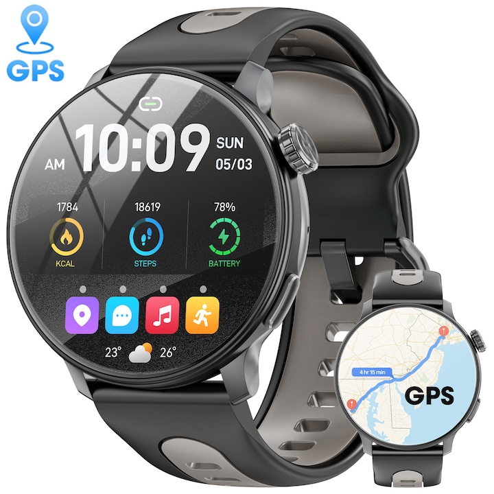 Okosóra, Hwagol, Model S666, GPS, AMOLED képernyő, 1,43 hüvelykes, Bluetooth hívás, egészségkezelés, iránytű, magassági barométer, sportadatkövető, intelligens értesítés, fitneszkövető, alvásfigyelő, vízálló, fekete