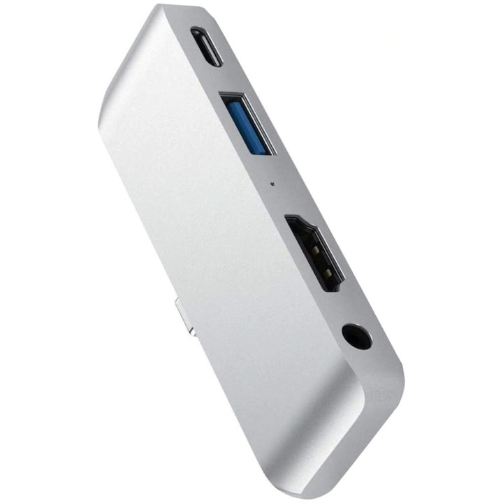 Dokkoló Type-C Mobile Pro Hub, HDMI 4k, 1x 3mm Jack, 1x USB-A, 1x USB-C, Többfunkciós, könnyen használható, kompakt és hordozható, 9,5 × 0,9 × 3 cm, Ezüst