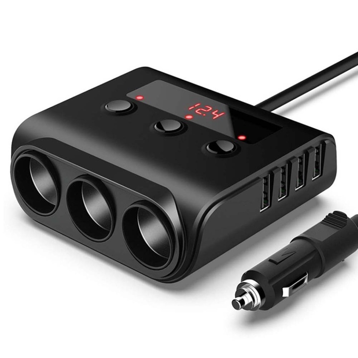Szivargyújtó elosztó 100W 12V/24V 3 aljzat, USB autós töltő adapter, 4 port, 5V/3.6A, voltmérővel