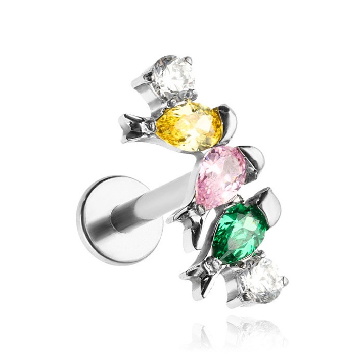 Cercei labret din titan, Crazy Needles, cu ciorchini colorati, argintii, 1,2x6mm