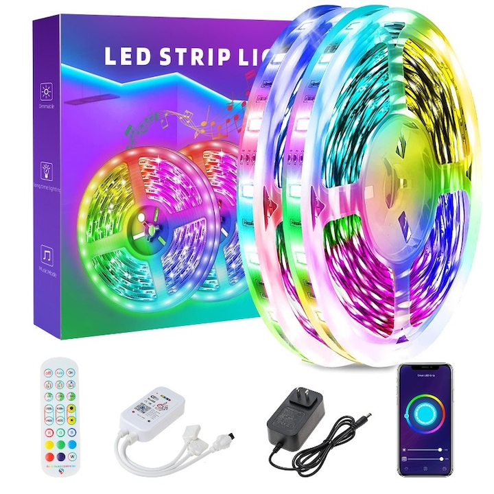 Banda LED 10 metri, Bluetooth, 5050 RGB 2x5 m, 60 leduri/m, Wi-Fi, Control Din Telefon Prin Internet, Telecomanda, timer On/Off, telecomanda, mod muzica, microfon, Interior IP20, intensitate lumina reglabila, Lumina Multicolora
