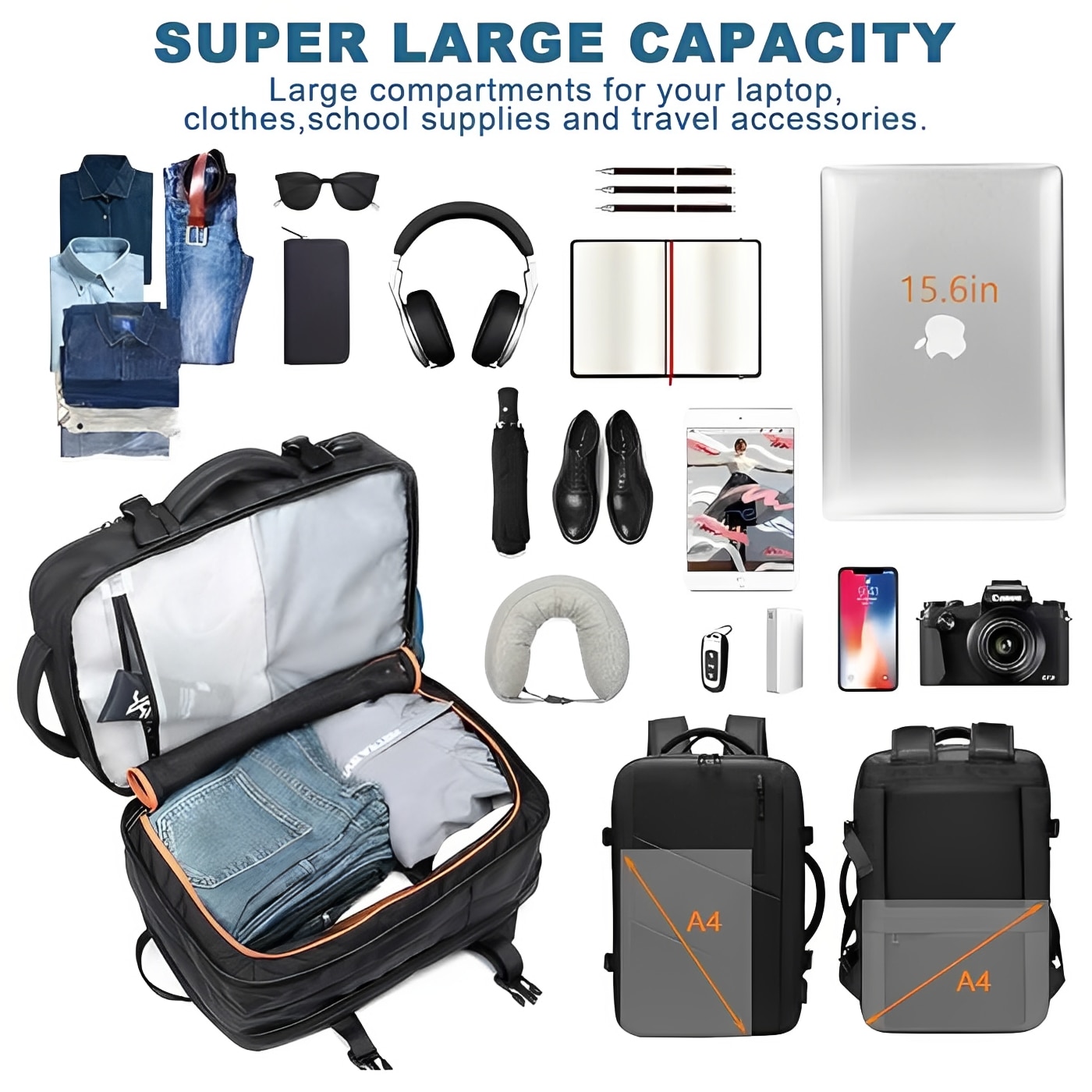 Rucsac laptop Business, BYONDSELF®, Extensibil pana la 40L, 17.3'', 3 compartimente, cu port USB, Multifunctional, Potrivit pentru afaceri/timp liber/calatorii, impermeabil, Potrivit pentru barbati si femei, Negru