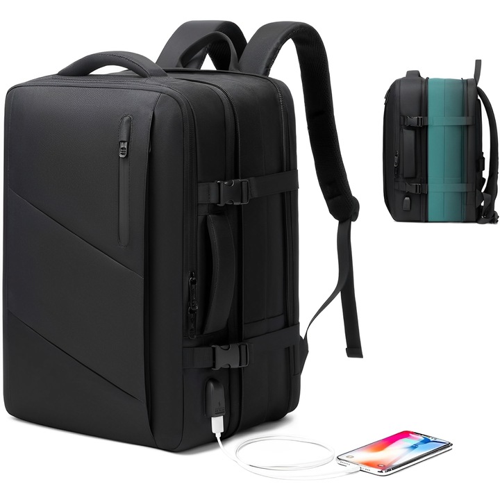 Rucsac laptop Business, BYONDSELF®, Extensibil pana la 40L, 17.3'', 3 compartimente, cu port USB, Multifunctional, Potrivit pentru afaceri/timp liber/calatorii, impermeabil, Potrivit pentru barbati si femei, Negru