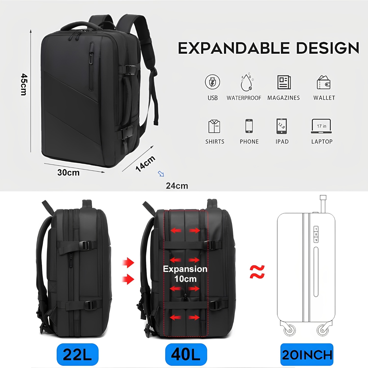 Rucsac laptop Business, BYONDSELF®, Extensibil pana la 40L, 17.3'', 3 compartimente, cu port USB, Multifunctional, Potrivit pentru afaceri/timp liber/calatorii, impermeabil, Potrivit pentru barbati si femei, Negru