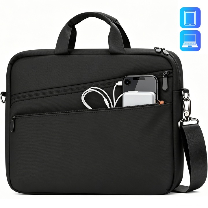 Geanta laptop, BYONDSELF®, 15, 6'', rezistenta la apa, curele de umar captusite, 6 compartimente, dimensiuni 43 × 32 × 2, 5 cm, Negru