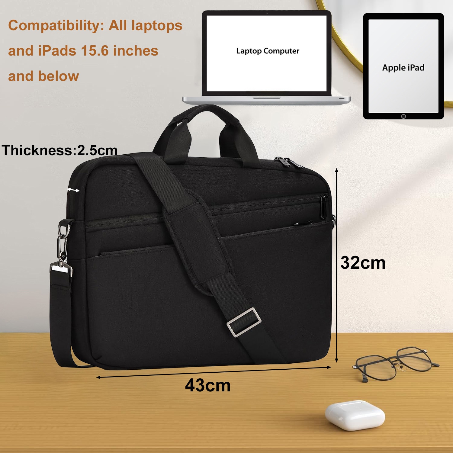Geanta laptop, BYONDSELF®, 15, 6'', rezistenta la apa, curele de umar captusite, 6 compartimente, dimensiuni 43 × 32 × 2, 5 cm, Negru