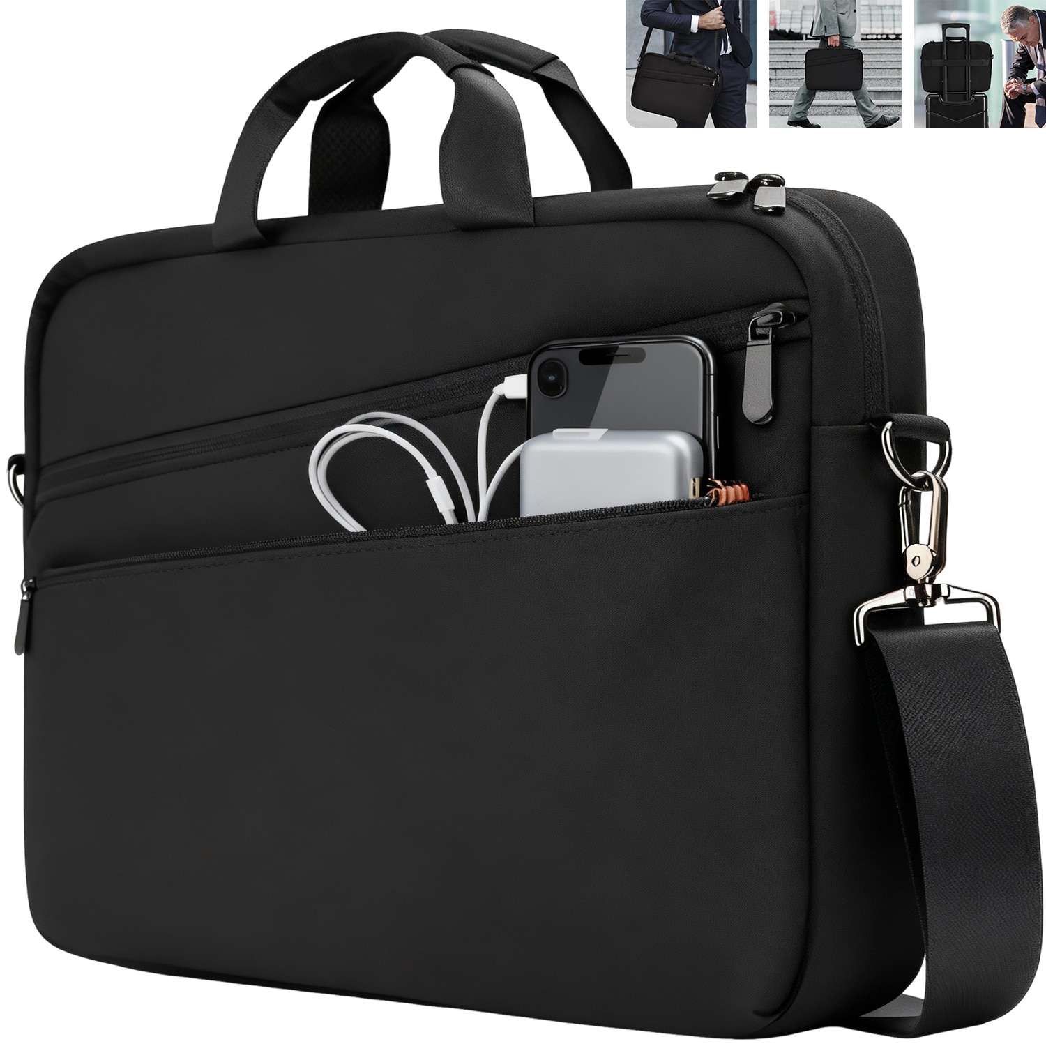 Geanta laptop, BYONDSELF®, 15, 6'', rezistenta la apa, curele de umar captusite, 6 compartimente, dimensiuni 43 × 32 × 2, 5 cm, Negru