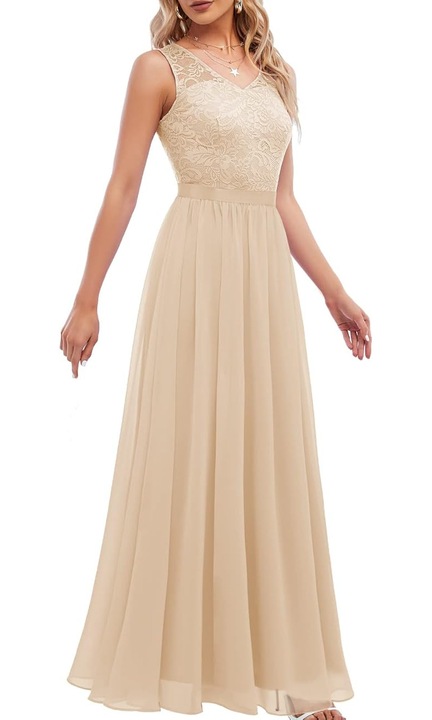 Rochie de seara lunga din dantela, fara maneci, Bej marimea L