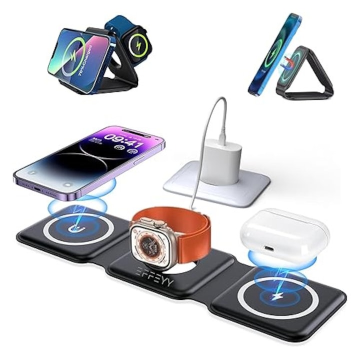 Incarcator Wireless Pliabil, Fast Charger 3 in 1 pentru Telefon, Casti, Smartwatch, USB-C, compatibil iPhone 16 15 14 13 12 Pro Max Plus si Apple Plus iWatch | Airpods, Design Compact, Magnetic, Portabil si Ultrasilentios, Negru