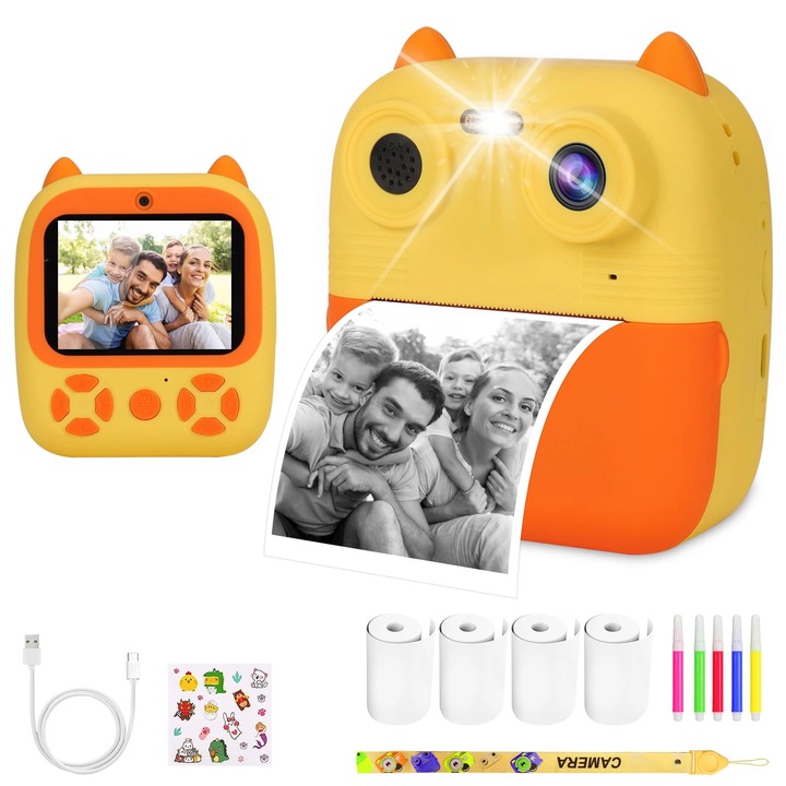 Детска камера за моментно снимане, печат, снимки, видео функции, HD 1080p, 32GB micro SD карта, 4 игри, комплект с 3 ролки хартия и 6 цветни маркера и стикера, жълта