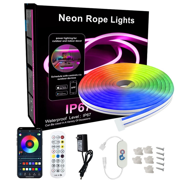 Banda LED RGB 3535, lampa cu neon, 5m, 72 LED/m, control Bluetooth si aplicatie mobila, telecomanda si control tactil, efect curcubeu, sincronizare muzicala, impermeabil IP67