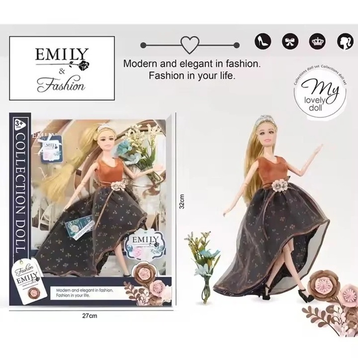 Emily baba, kiegészítők és mozgatható ízületek, virágcsokor, 32 cm